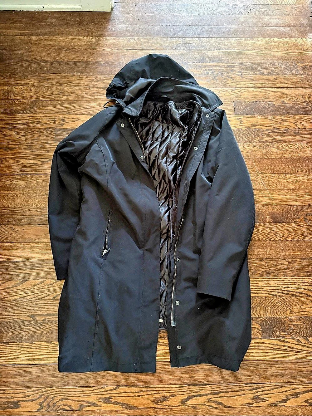 Black Hooded Quilted Rain Coat